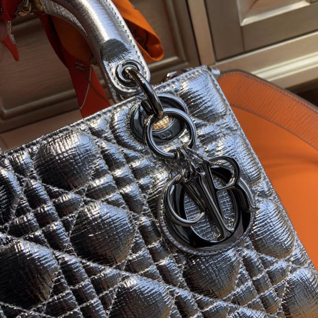 Christian Dior My Lady Dior bag in silver-tone grained leather 'Cannage' topstitching