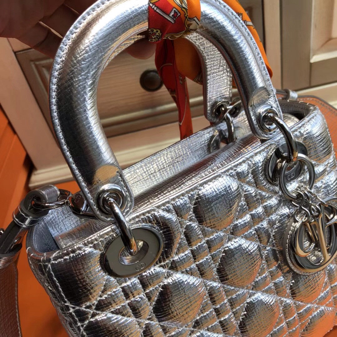 Christian Dior My Lady Dior bag in silver-tone grained leather 'Cannage' topstitching