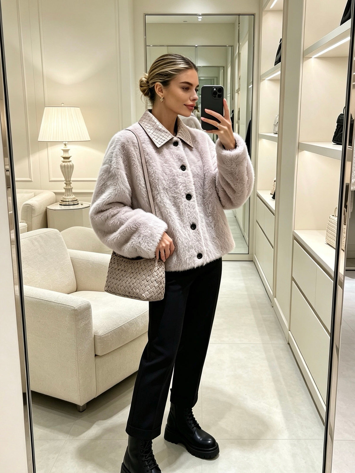 Bottega Veneta Plush Fur Jacket – Intrecciato Collar – EU 36/38/40/42 Bottega Veneta