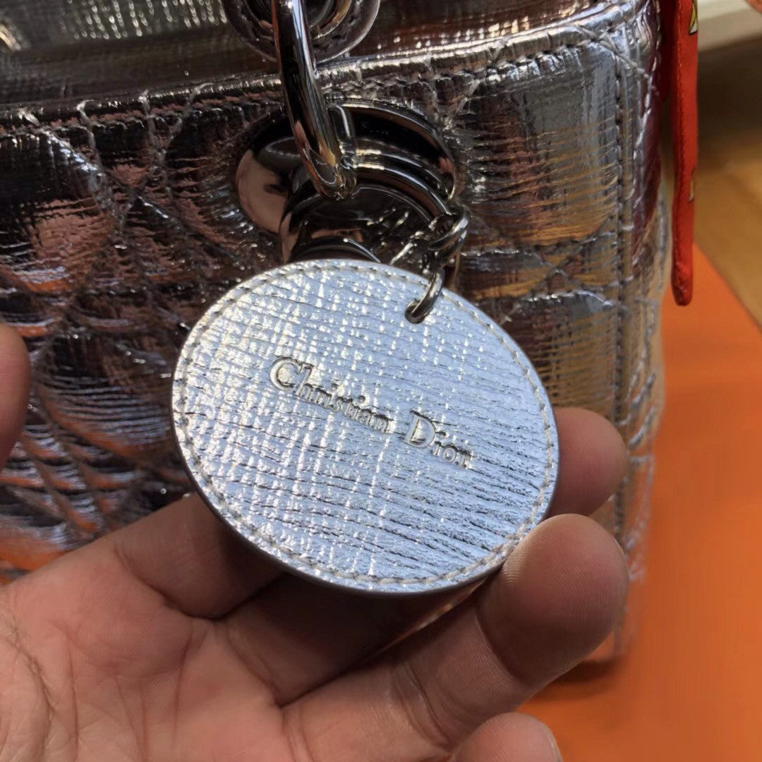 Christian Dior My Lady Dior bag in silver-tone grained leather 'Cannage' topstitching