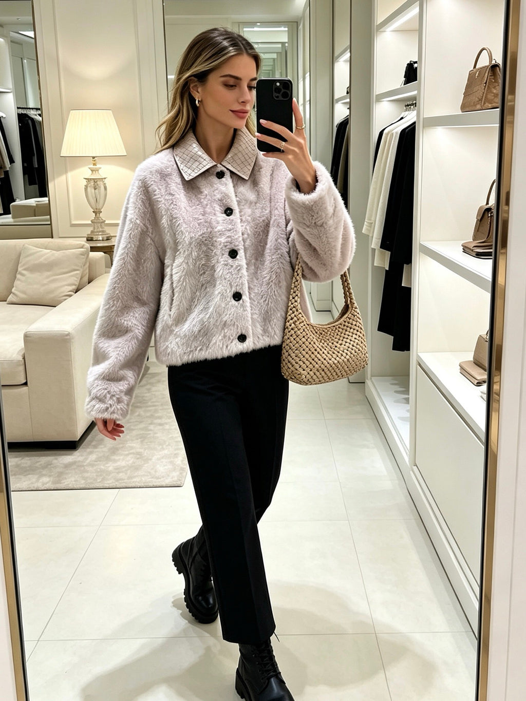 Bottega Veneta Plush Fur Jacket – Intrecciato Collar – EU 36/38/40/42 Bottega Veneta