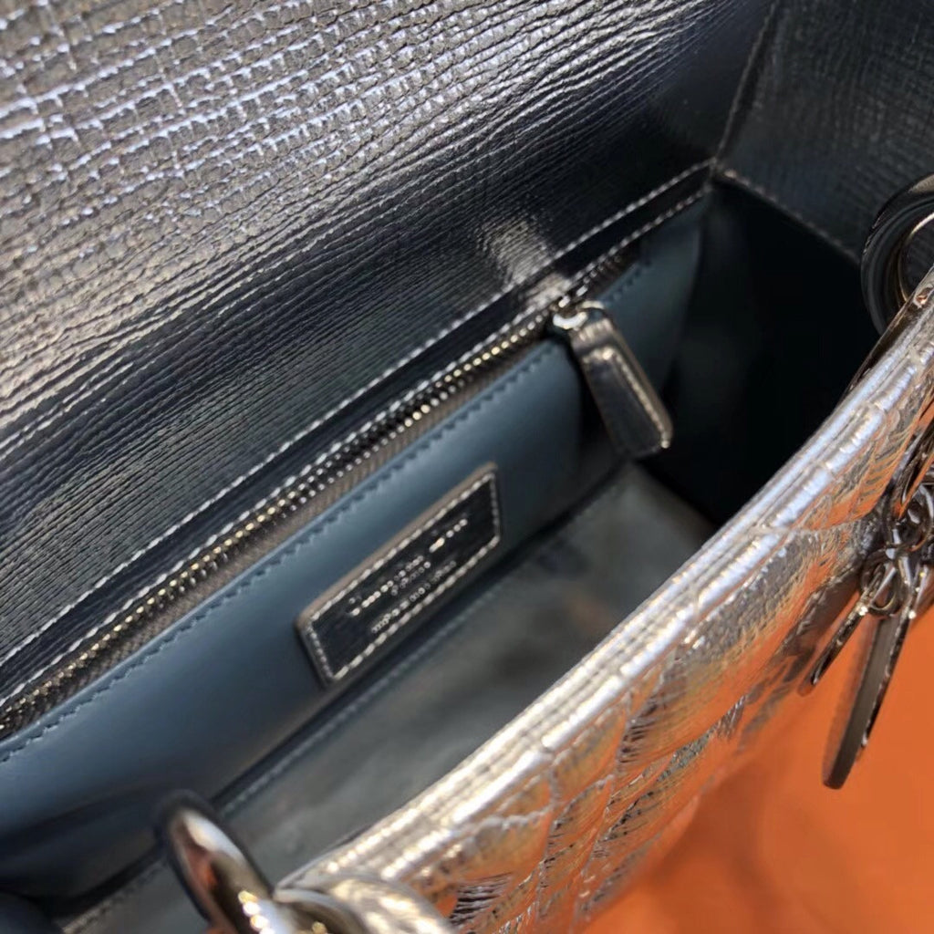 Christian Dior My Lady Dior bag in silver-tone grained leather 'Cannage' topstitching