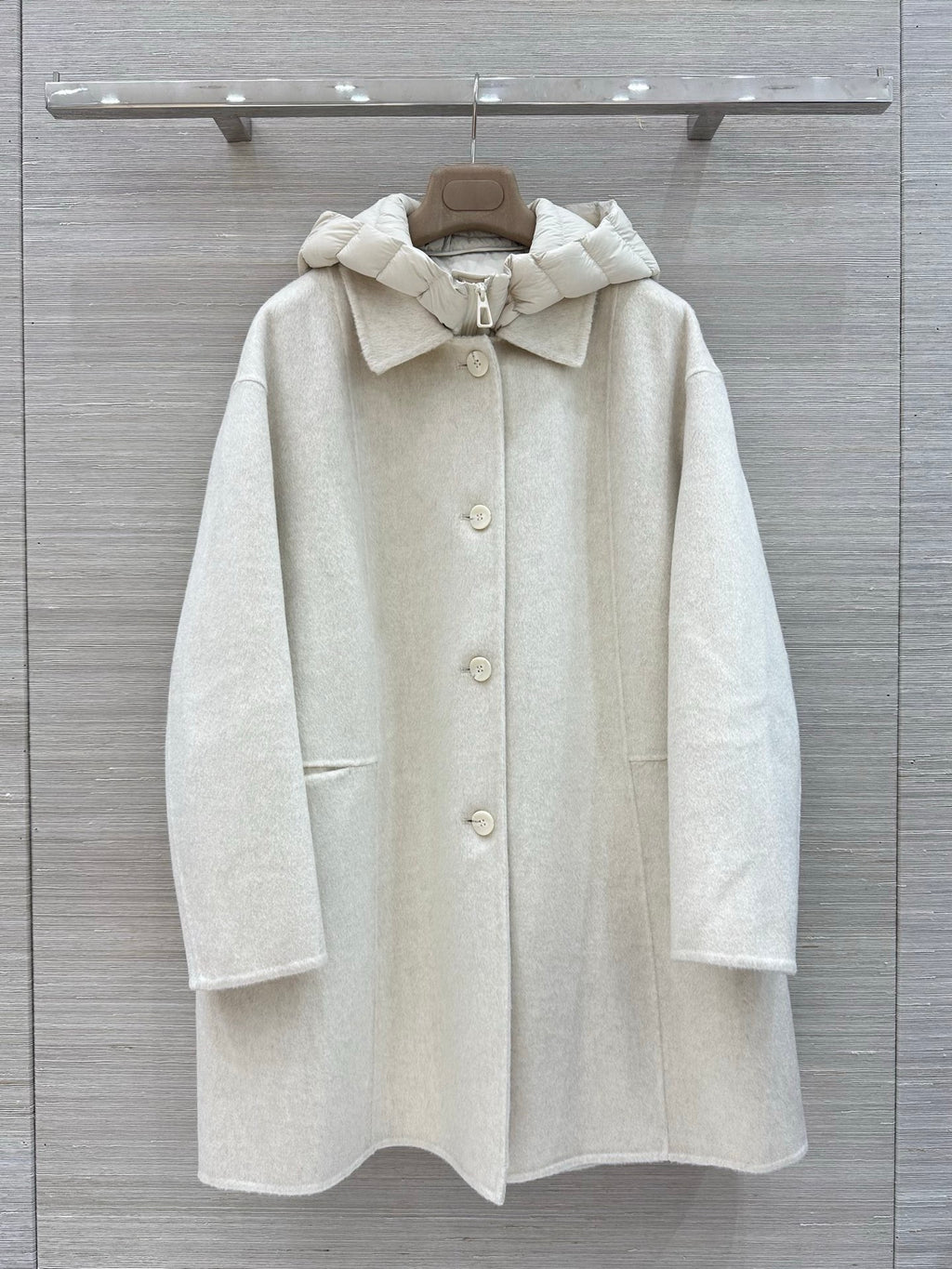 Loro Piana two-piece wool coat with detachable down vest in oatmeal taupe