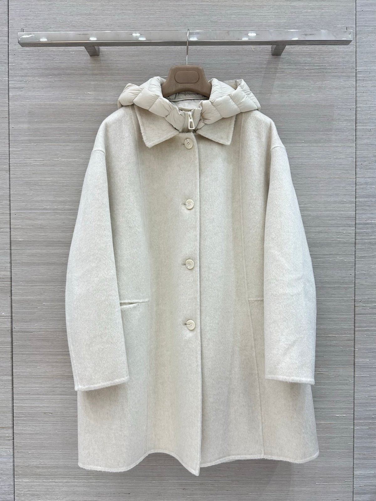 Loro Piana two-piece wool coat with detachable down vest in oatmeal taupe