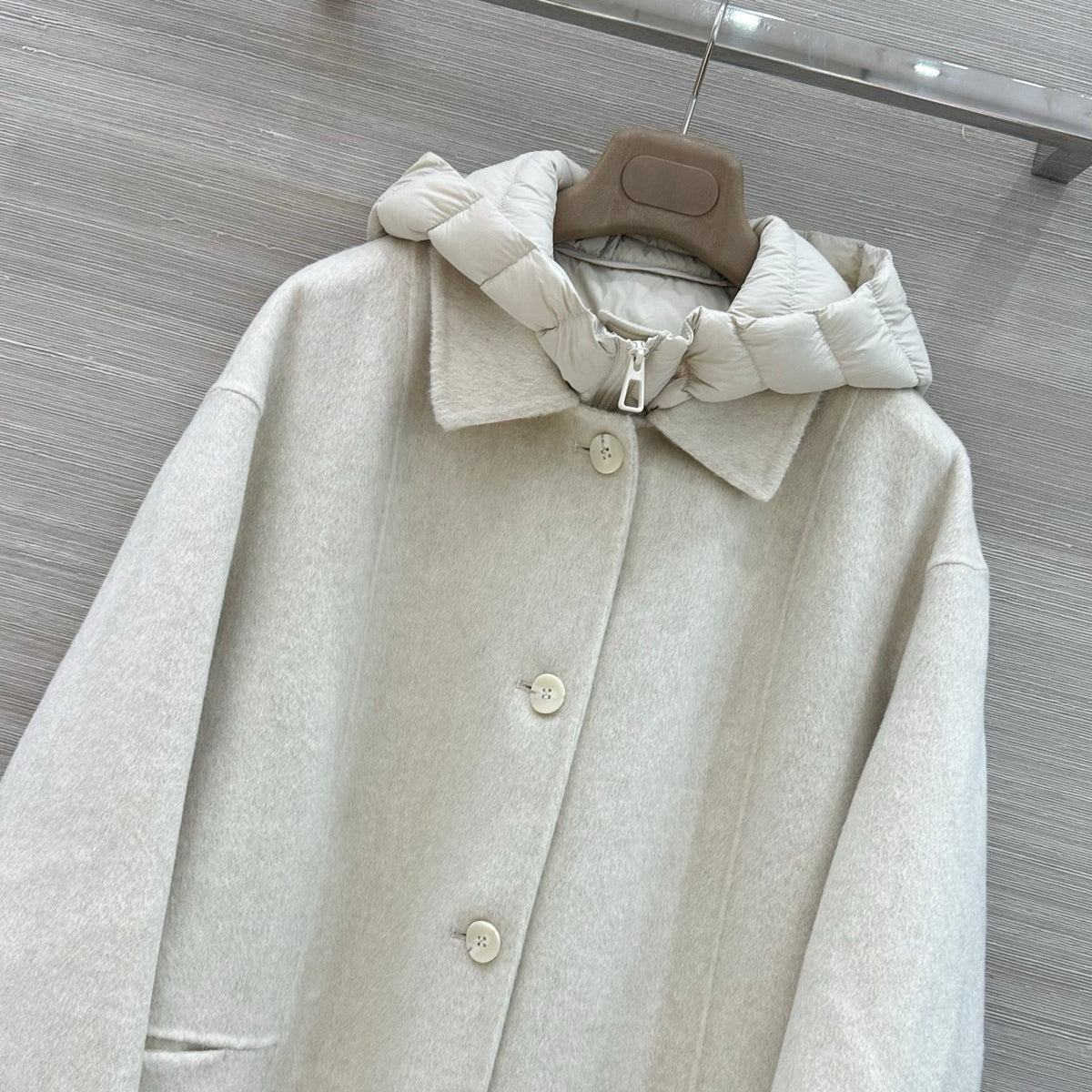 Loro Piana oatmeal taupe wool coat detail