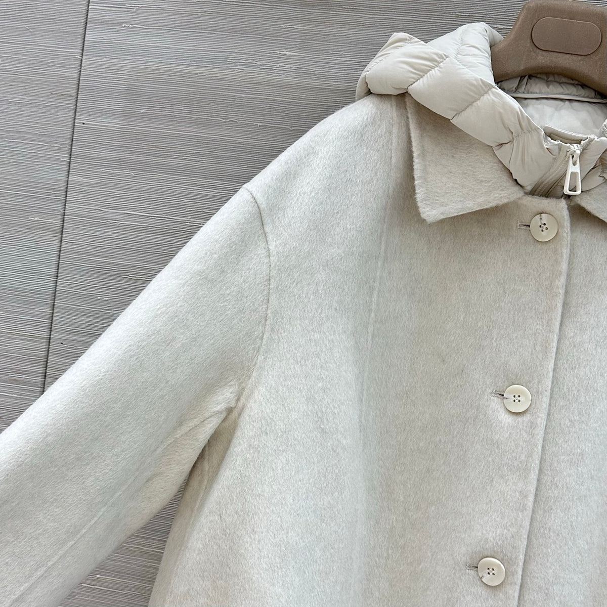 Loro Piana oatmeal taupe modular coat detail