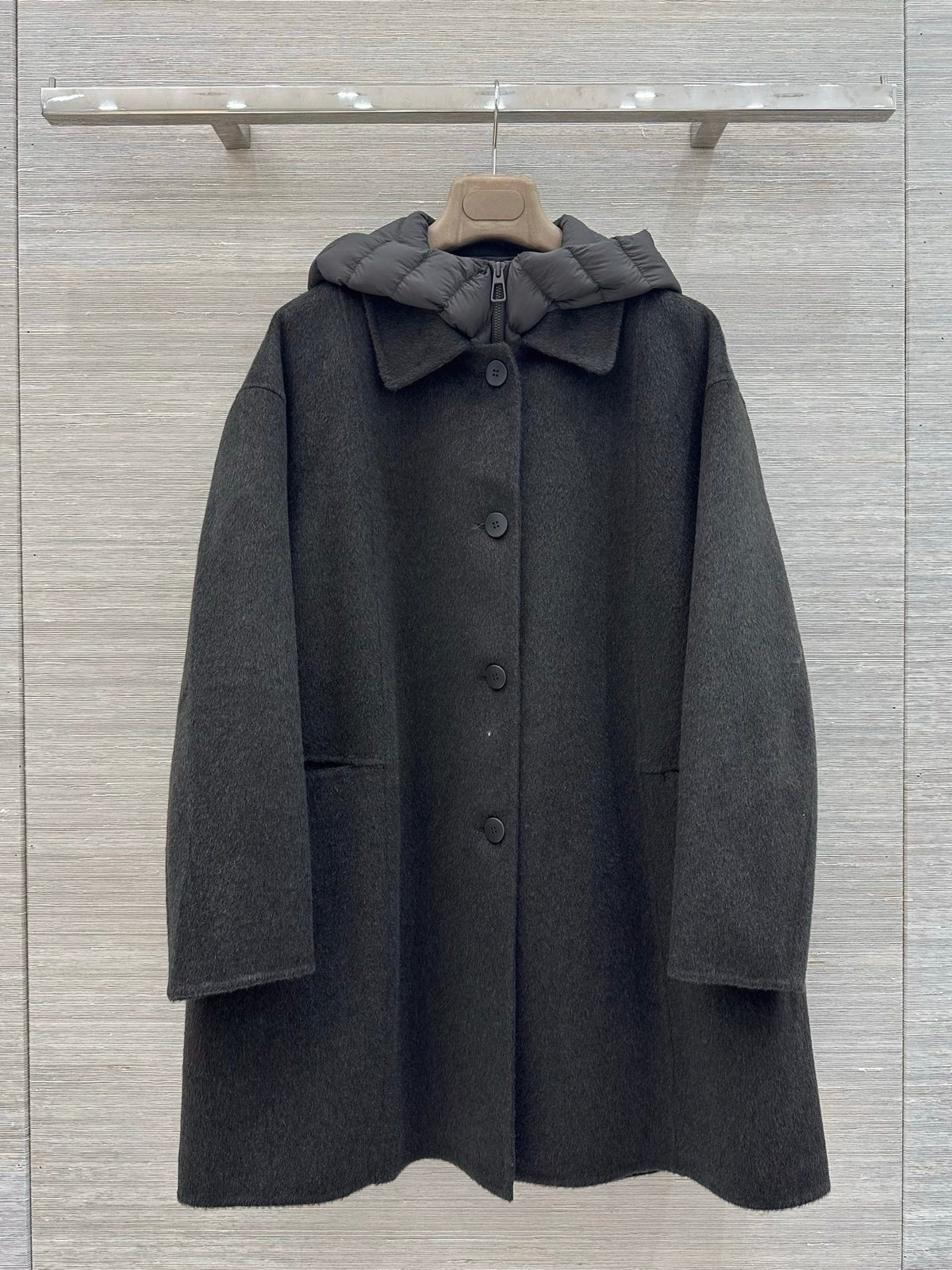 Loro Piana two-piece wool cashmere coat with detachable down vest in charcoal grey