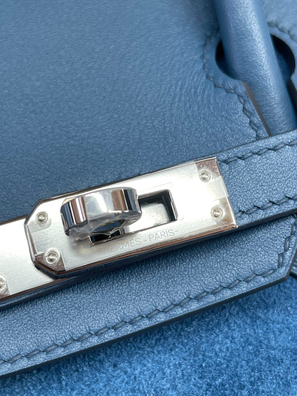 HERMES LIMITED EDITION BLEU THALASSA GRIZZLY BIRKIN 25 WITH PERMABRASS HARDWARE