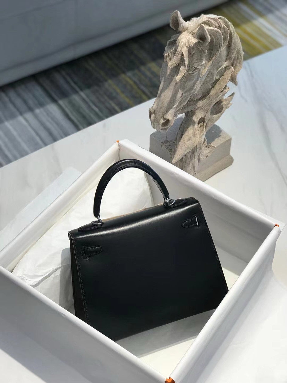 Hermès Black Kelly Sellier 25 Box Leather Palladium Hardware Hermes