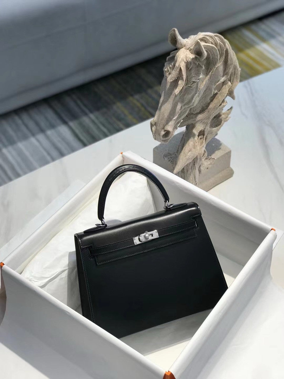 Hermès Black Kelly Sellier 25 Box Leather Palladium Hardware Hermes