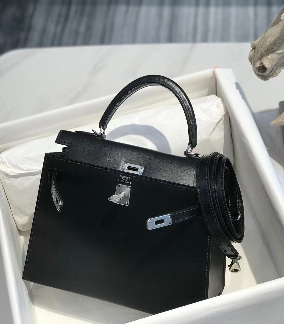 Hermès Black Kelly Sellier 25 Box Leather Palladium Hardware Hermes
