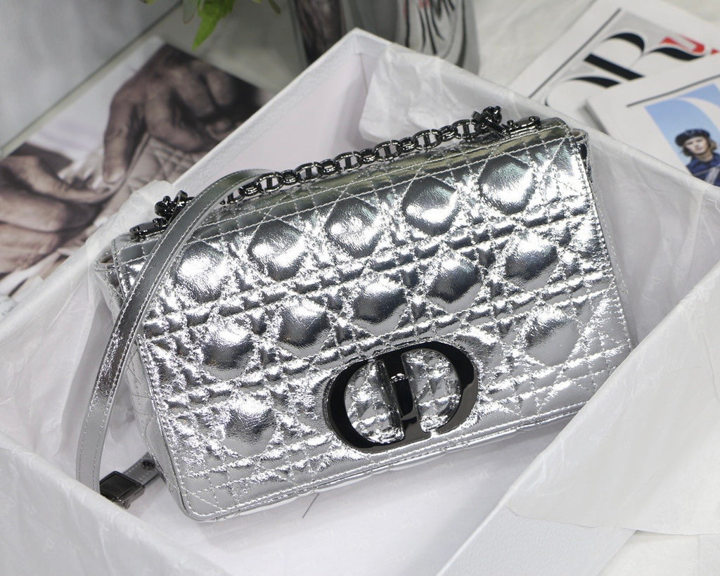 Christian Dior MEDIUM DIOR CARO BAG Silver-Tone Dior Spatial Crinkled Metallic Calfskin