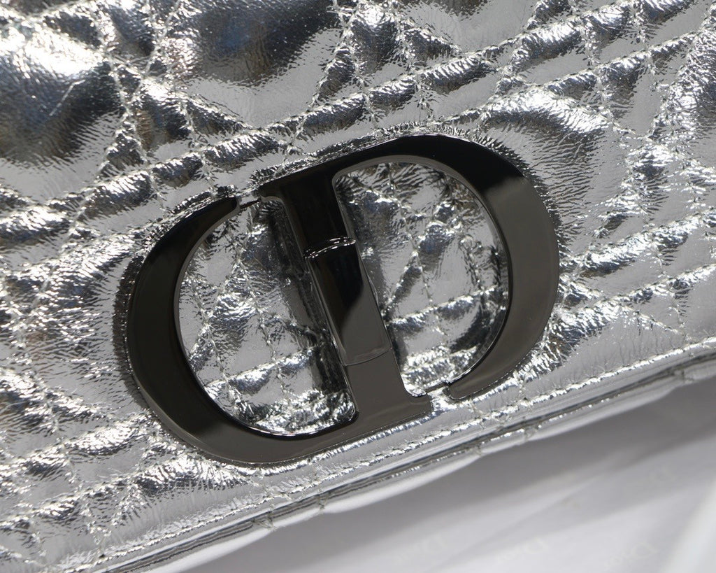 Christian Dior MEDIUM DIOR CARO BAG Silver-Tone Dior Spatial Crinkled Metallic Calfskin