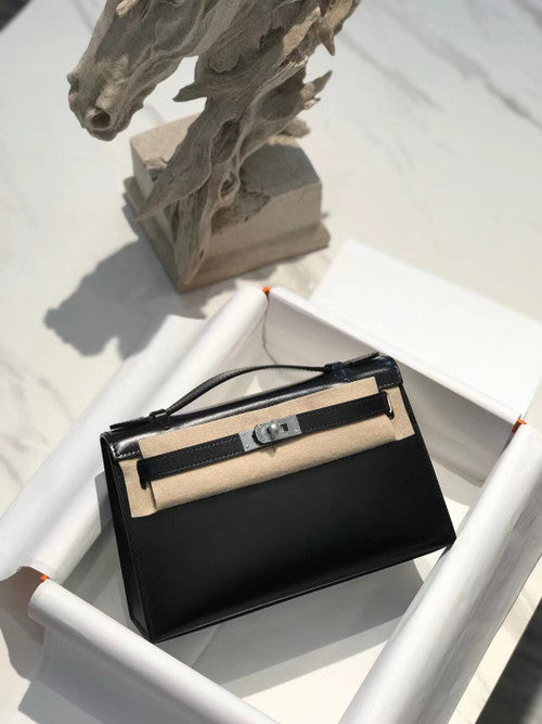 Hermès Black Mini Kelly Pochette Box Calf Leather Palladium Hardware Hermes