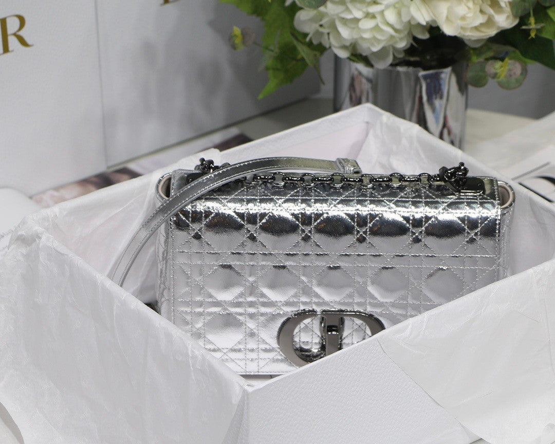 Christian Dior MEDIUM DIOR CARO BAG Silver-Tone Dior Spatial Crinkled Metallic Calfskin