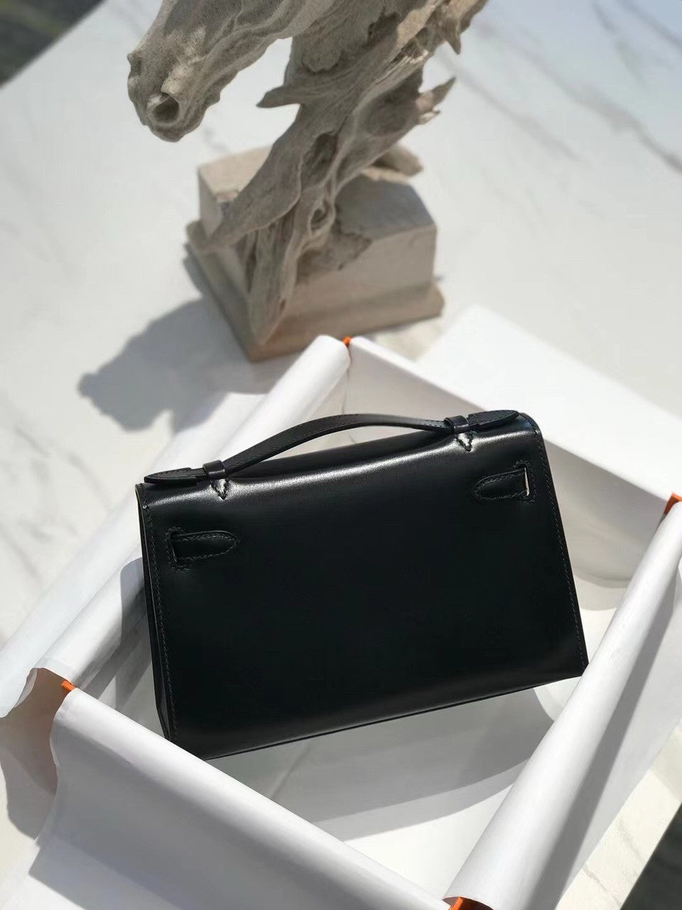 Hermès Black Mini Kelly Pochette Box Calf Leather Palladium Hardware Hermes