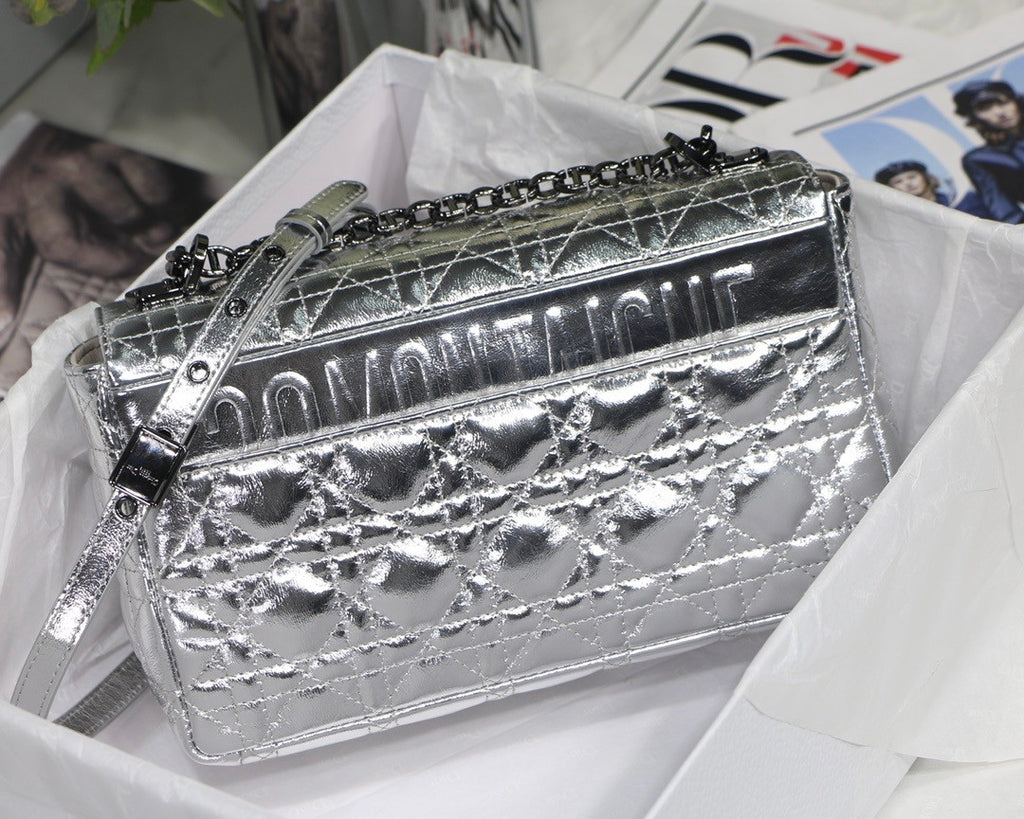 Christian Dior MEDIUM DIOR CARO BAG Silver-Tone Dior Spatial Crinkled Metallic Calfskin