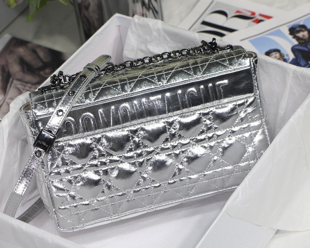 Christian Dior MEDIUM DIOR CARO BAG Silver-Tone Dior Spatial Crinkled Metallic Calfskin