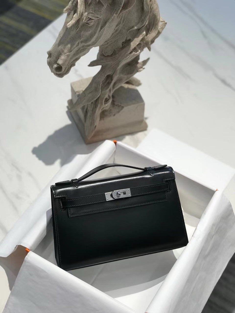 Hermès Black Mini Kelly Pochette Box Calf Leather Palladium Hardware Hermes