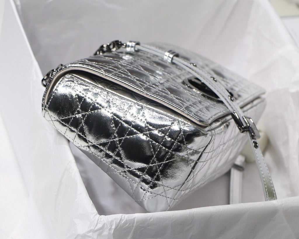 Christian Dior MEDIUM DIOR CARO BAG Silver-Tone Dior Spatial Crinkled Metallic Calfskin
