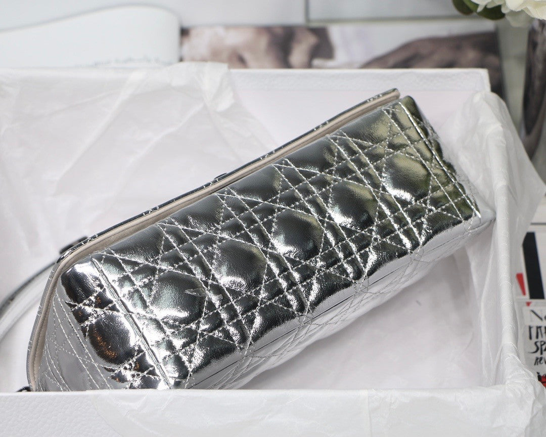 Christian Dior MEDIUM DIOR CARO BAG Silver-Tone Dior Spatial Crinkled Metallic Calfskin