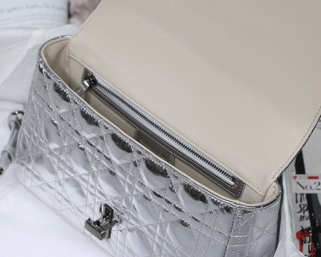 Christian Dior MEDIUM DIOR CARO BAG Silver-Tone Dior Spatial Crinkled Metallic Calfskin