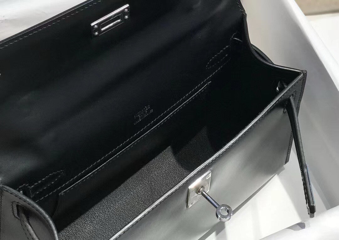 Hermès Black Mini Kelly Pochette Box Calf Leather Palladium Hardware Hermes
