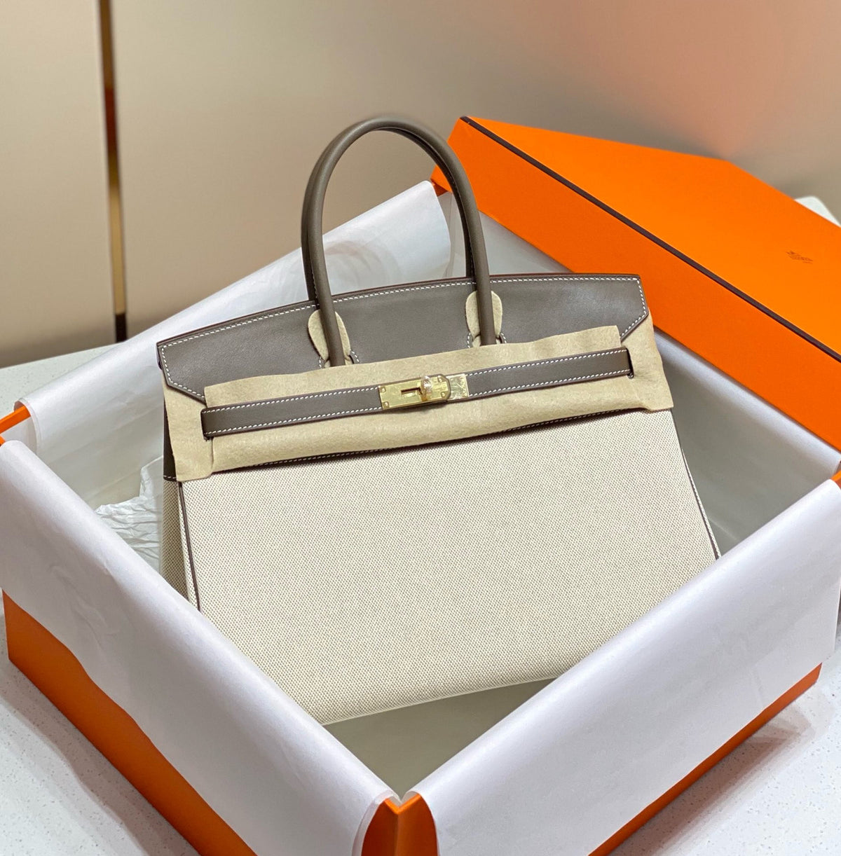 HERMÈS Toile Birkin 35 with Etoupe Swift Leather Hermes
