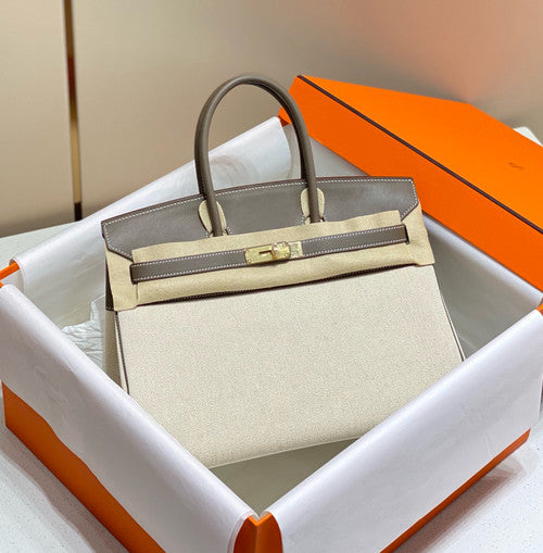 HERMÈS Toile Birkin 35 with Etoupe Swift Leather Hermes