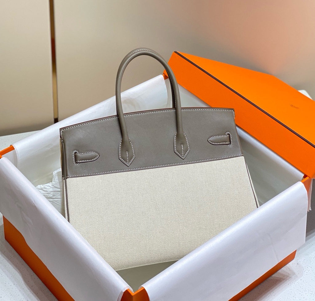 HERMÈS Toile Birkin 35 with Etoupe Swift Leather Hermes