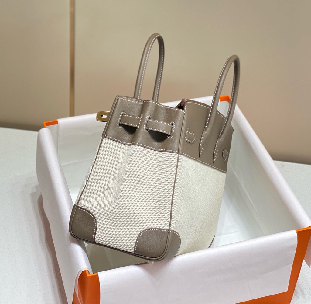 HERMÈS Toile Birkin 35 with Etoupe Swift Leather Hermes