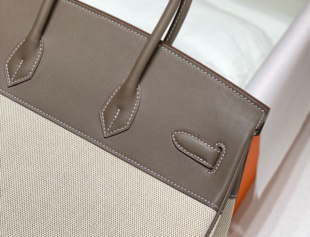 HERMÈS Toile Birkin 35 with Etoupe Swift Leather Hermes