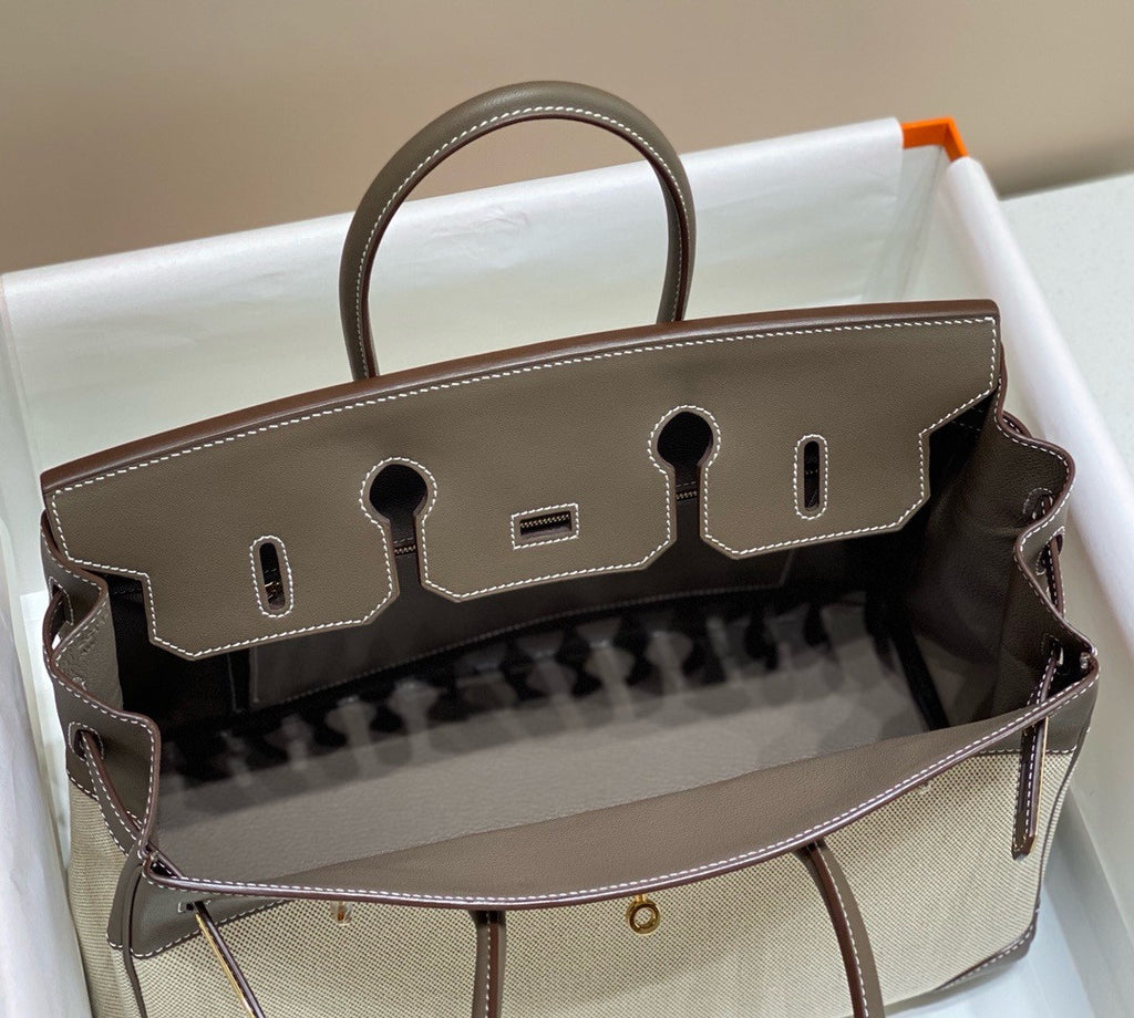 HERMÈS Toile Birkin 35 with Etoupe Swift Leather Hermes