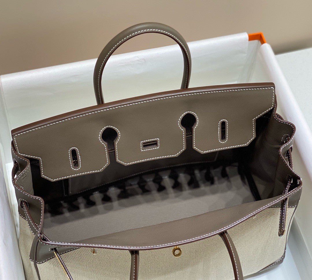 HERMÈS Toile Birkin 35 with Etoupe Swift Leather Hermes