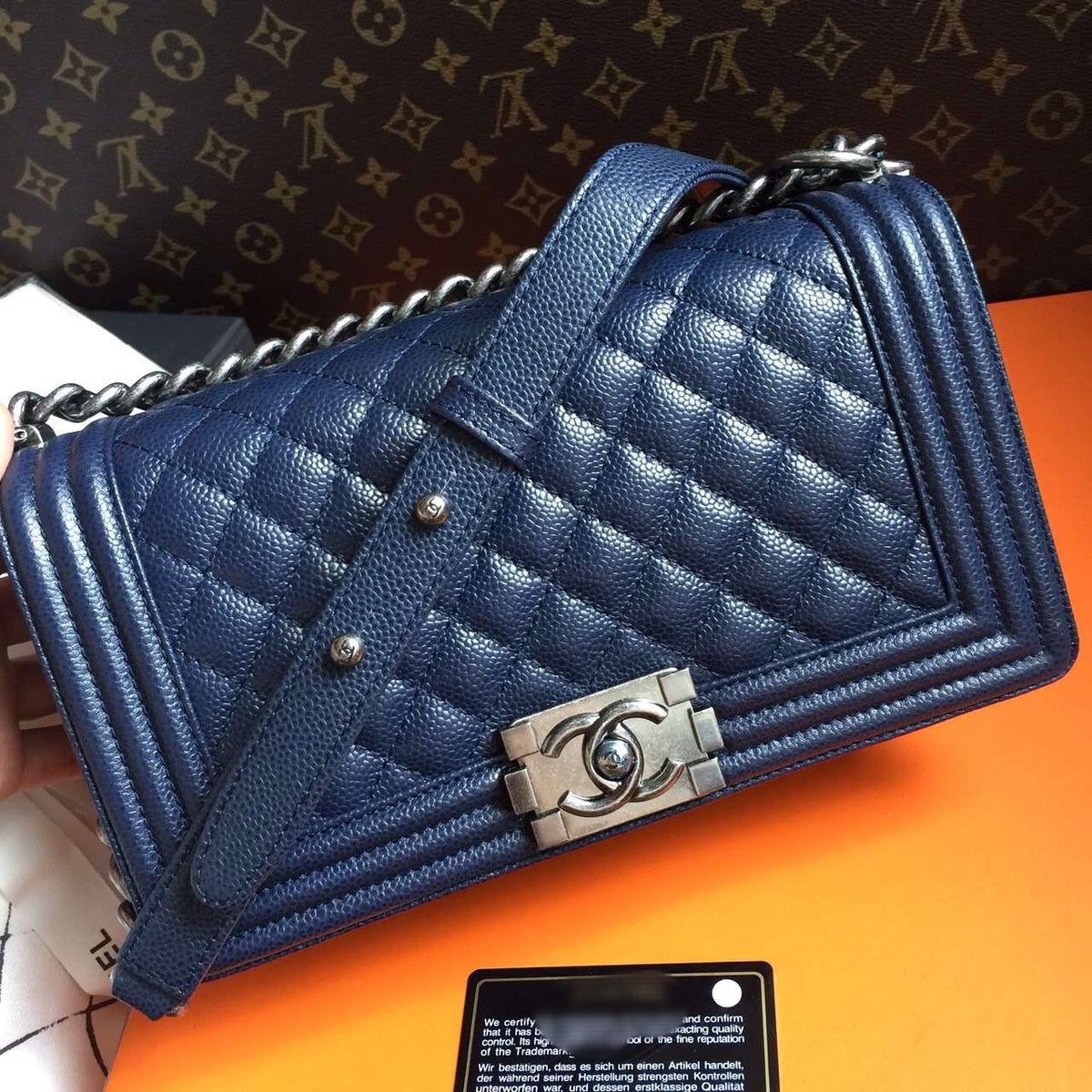CHANEL Navy Blue Quilted Leather LE BOY with Silver HW