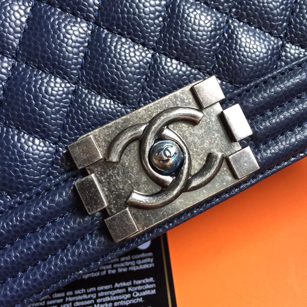 CHANEL Navy Blue Quilted Leather LE BOY with Silver HW