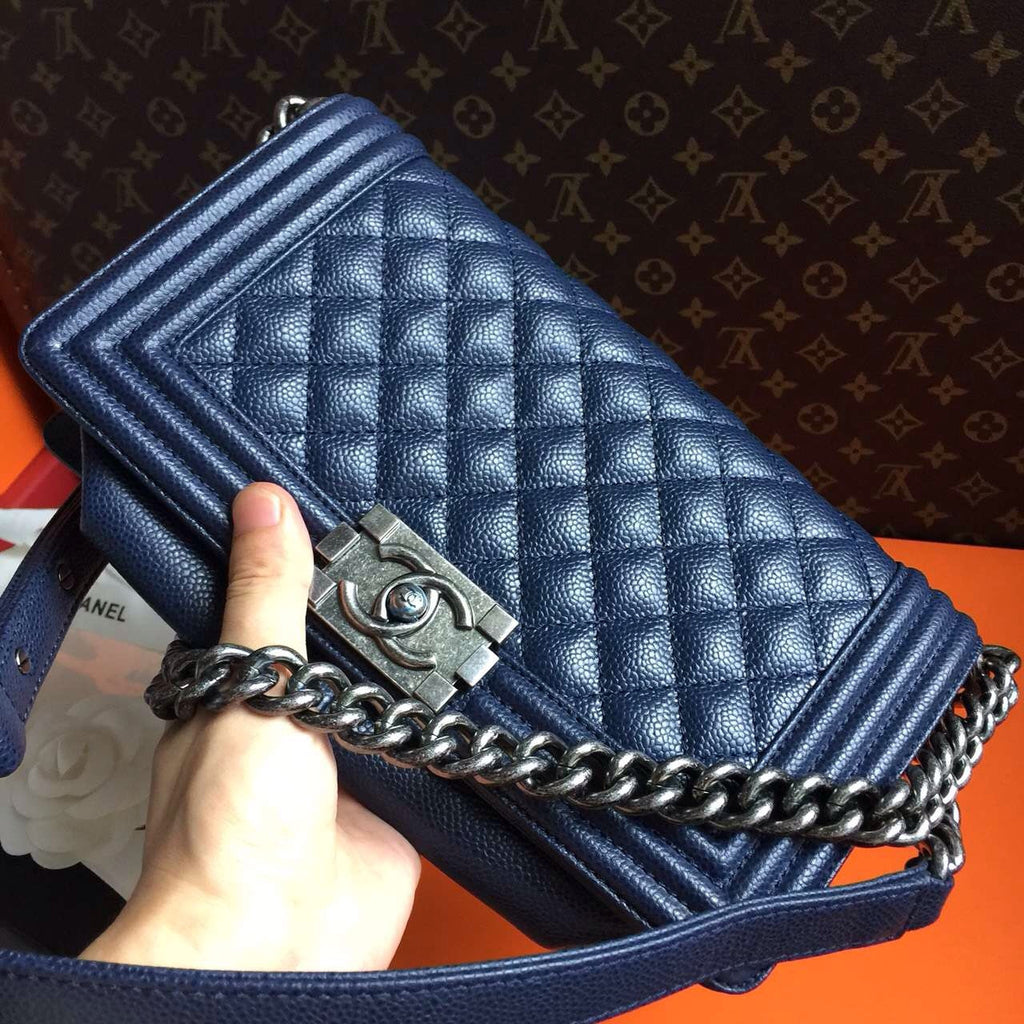 CHANEL Navy Blue Quilted Leather LE BOY with Silver HW