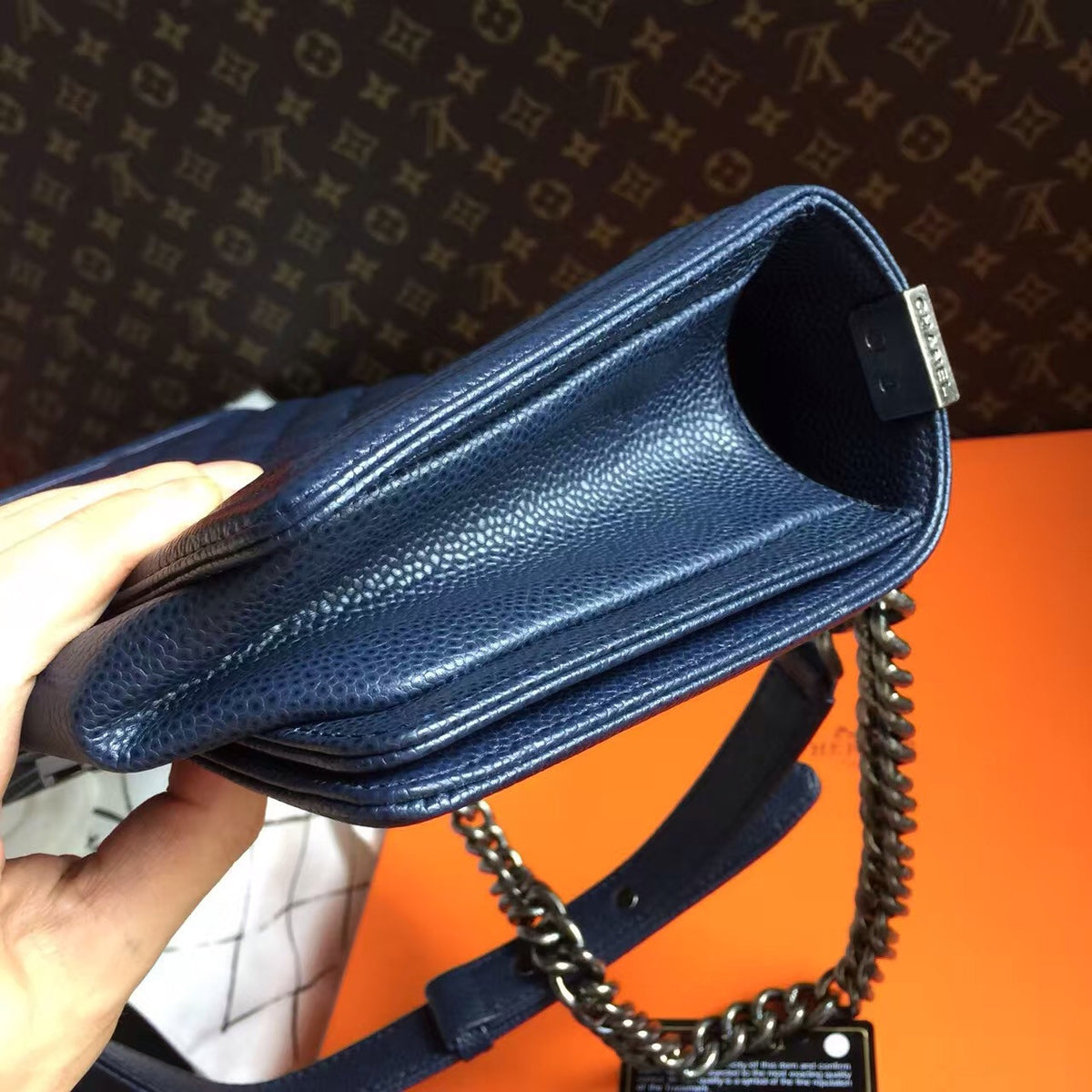 CHANEL Navy Blue Quilted Leather LE BOY with Silver HW