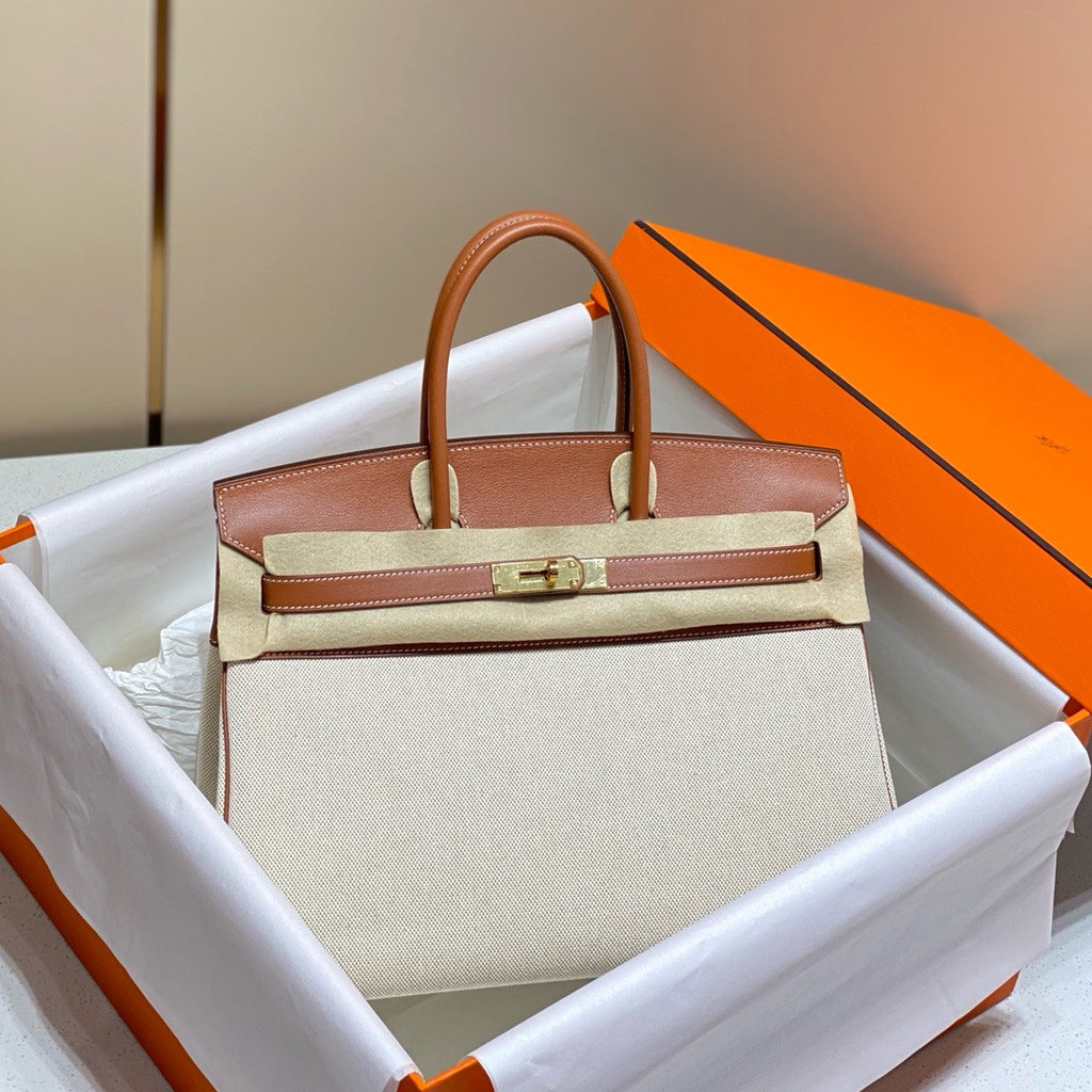 HERMÈS Toile Birkin 35 with Gold Swift Leather Hermes