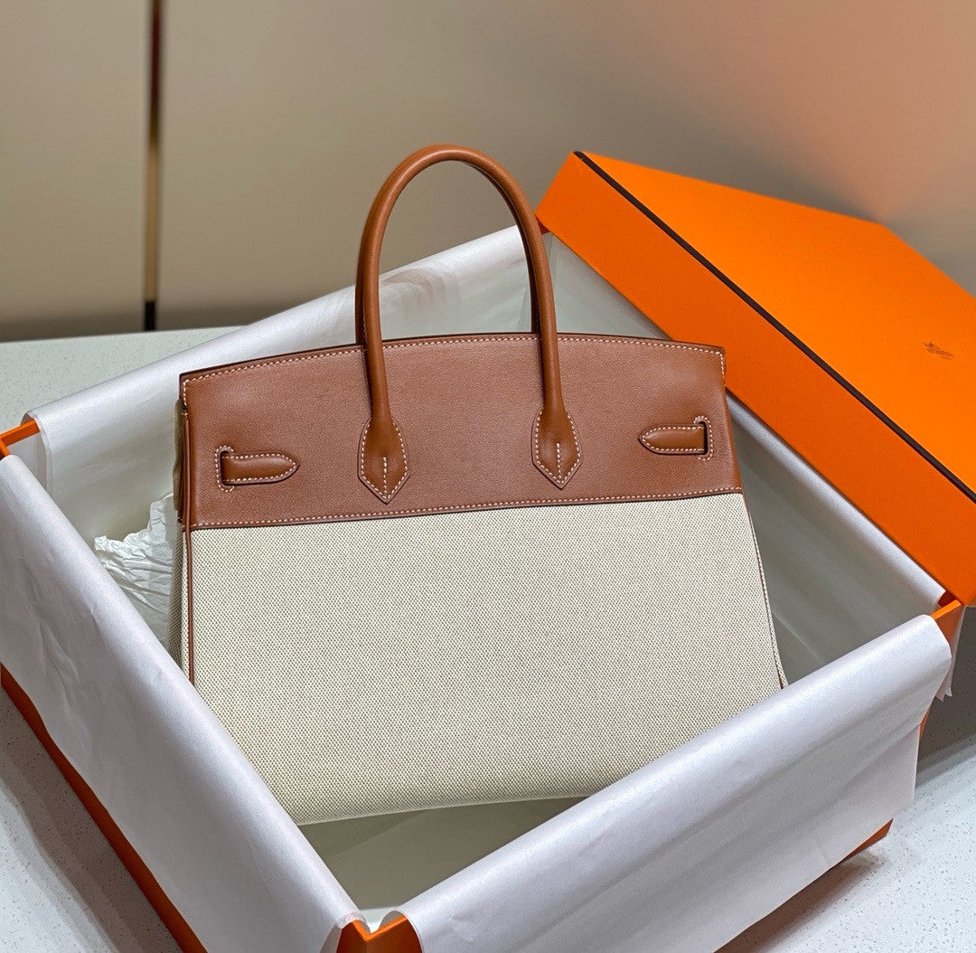 HERMÈS Toile Birkin 35 with Gold Swift Leather Hermes