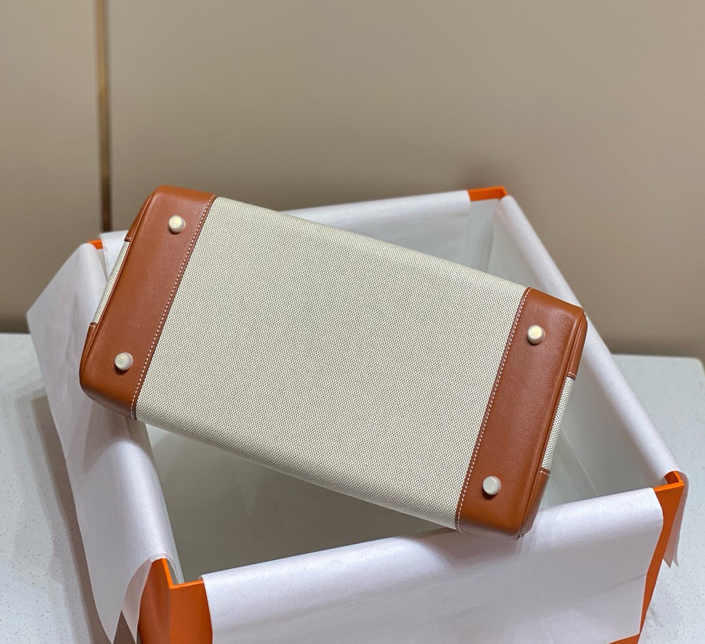 HERMÈS Toile Birkin 35 with Gold Swift Leather Hermes