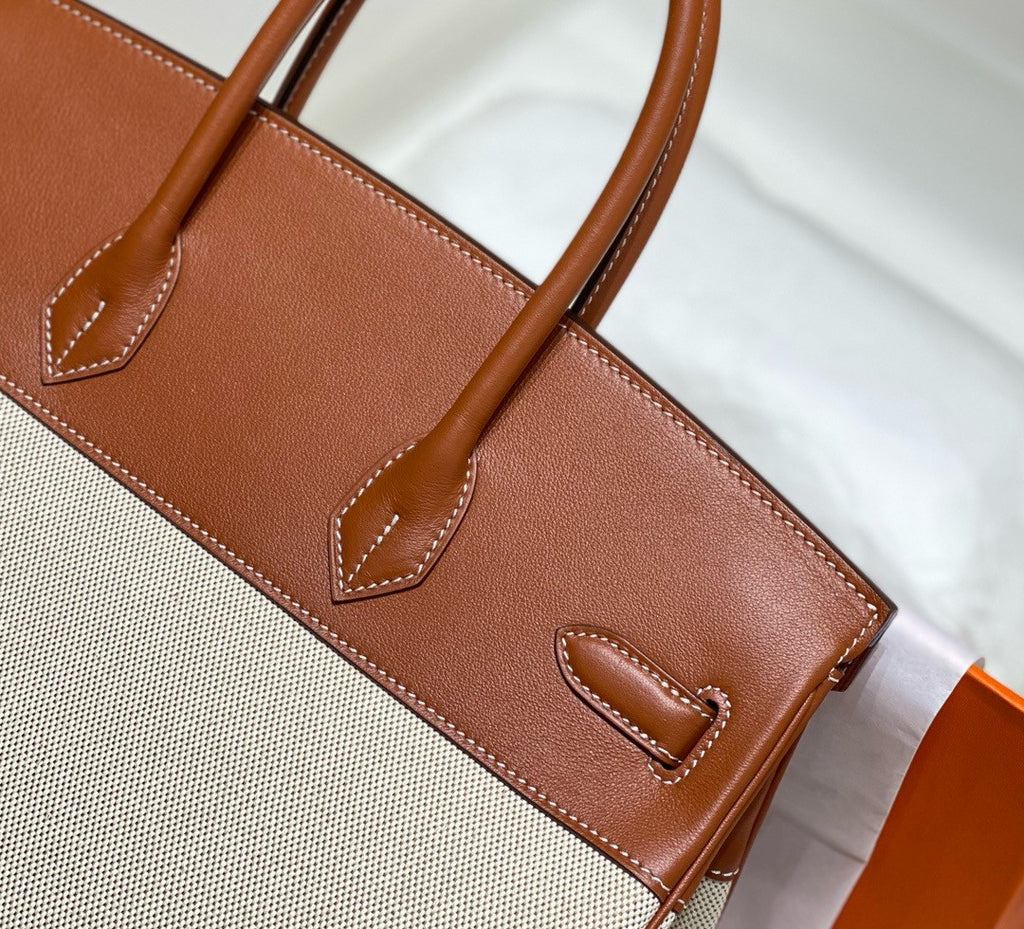 HERMÈS Toile Birkin 35 with Gold Swift Leather Hermes