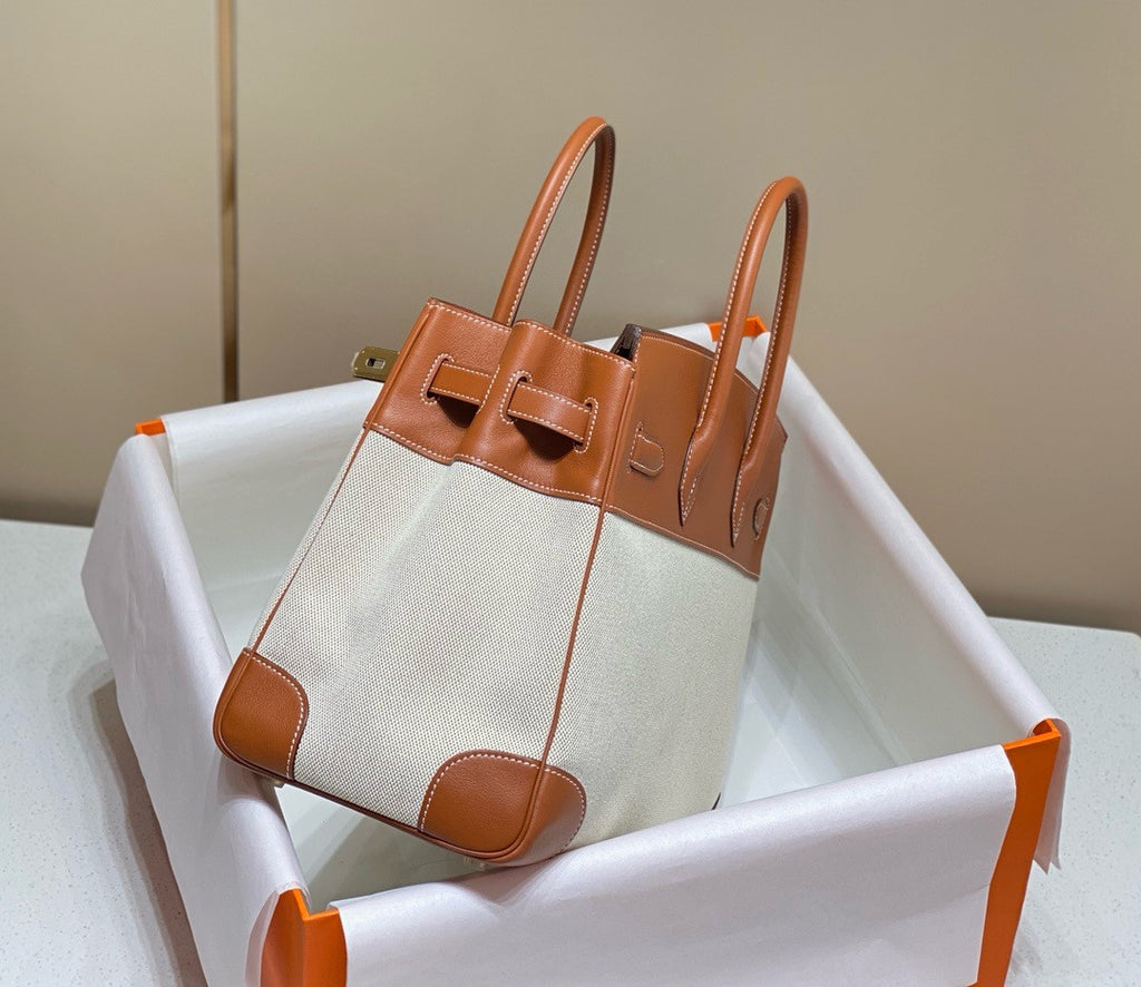 HERMÈS Toile Birkin 35 with Gold Swift Leather Hermes