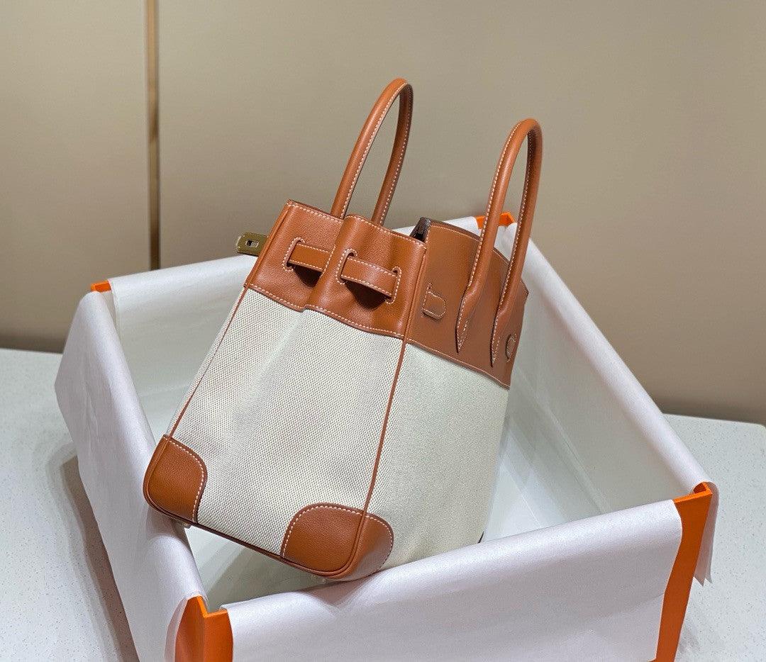 HERMÈS Toile Birkin 35 with Gold Swift Leather Hermes