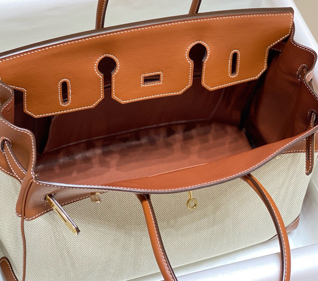 HERMÈS Toile Birkin 35 with Gold Swift Leather Hermes