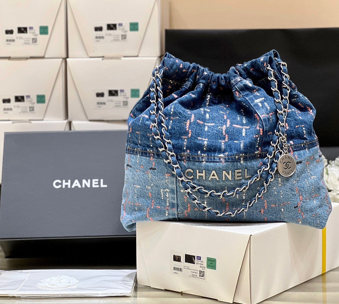 CHANEL Haut  Couture 22 HANDBAG Glittered Denim Medium AW 2023