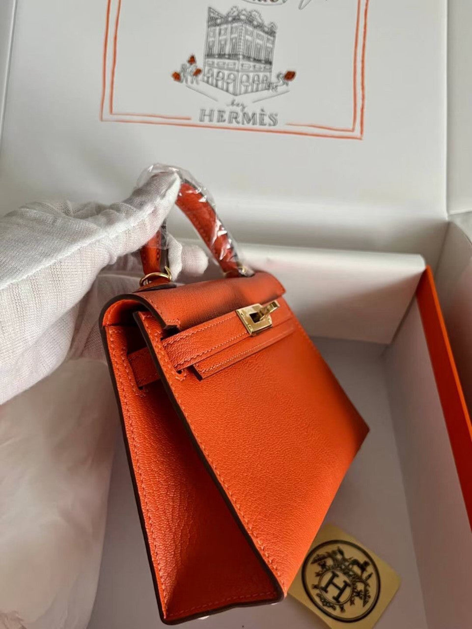 Hermès Orange Mini Kelly II Chevre  Mysore Leather Gold  hardware
