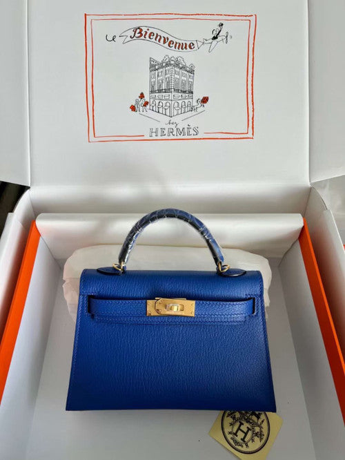 Hermès Blue Electric  Mini Kelly II Chevre  Mysore Leather Gold  hardware