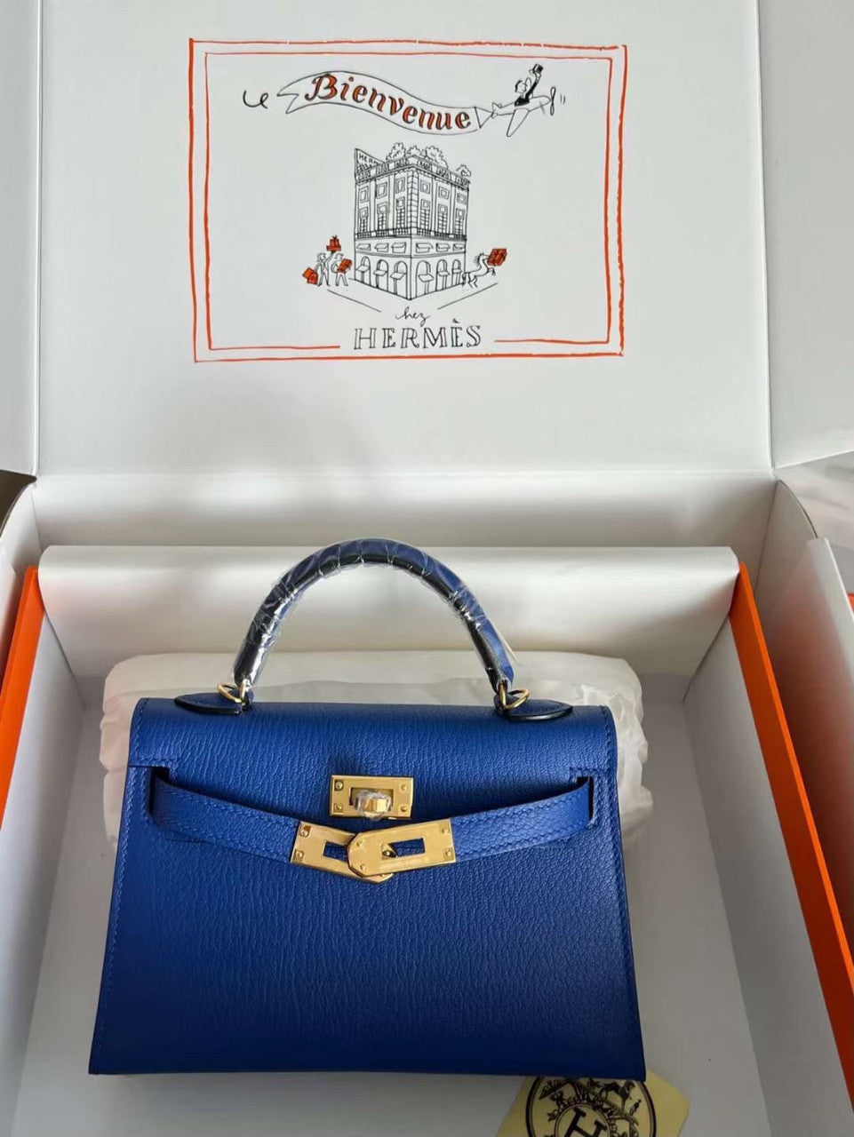 Hermès Blue Electric  Mini Kelly II Chevre  Mysore Leather Gold  hardware
