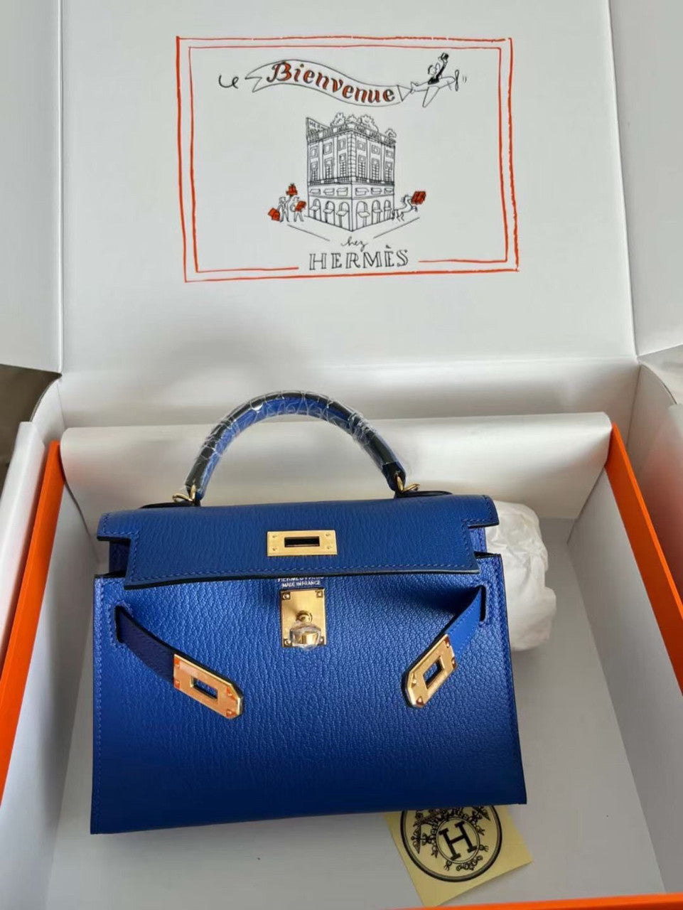 Hermès Blue Electric  Mini Kelly II Chevre  Mysore Leather Gold  hardware